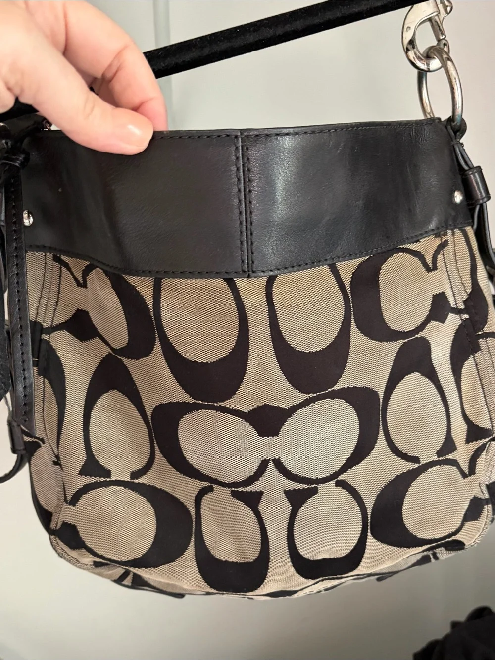 Coach Large Signature Canvas & Black Leather Hobo